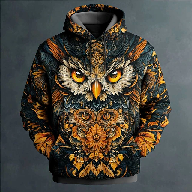 Men's Owl Hoodies Sweatshirt Fashion Cool Long Sleeve Crew Neck Party Holiday Black Drawstring Fall Winter Designer4
