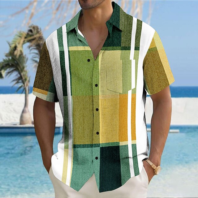 Men's Plaid Bowling Shirt Button Up Shirt Short Sleeve Hawaiian Casual Outdoor Casual Athleisure Summer Spring Turndown Pocket Green4