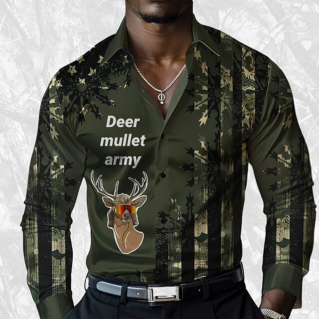 Men's Camo / Camouflage Deer Satin Shirt Dress Shirt Button Up Shirt Long Sleeve Casual Fashion Casual Outdoor Vacation Dailywear Summer Spring Fall Collared Shirts 3D Print Dark Green4