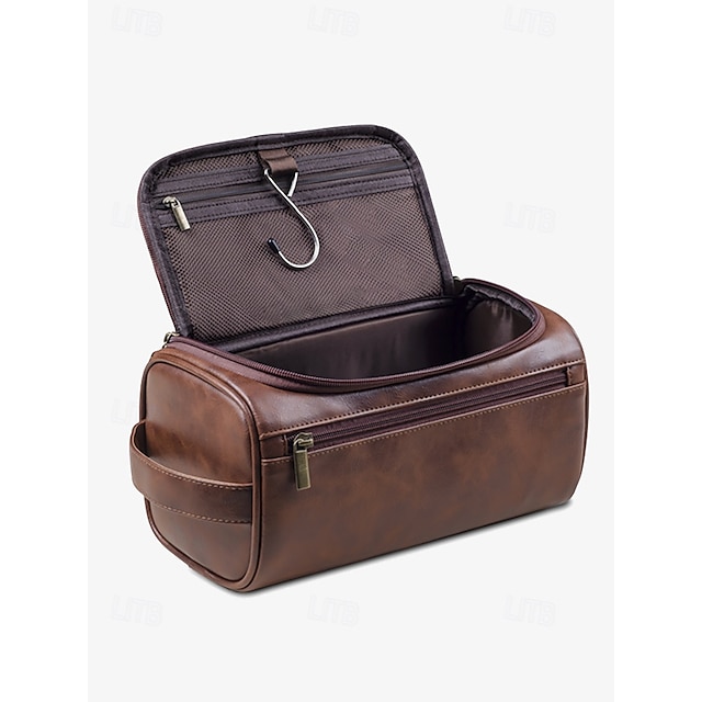  Women's Faux Leather Hanging Toiletry Bag – Travel Dopp Kit with Hook, Multiple Compartments, and Zipper Closure, Available in Brown, Black, and Tan, Perfect for Organizing Grooming Essentials