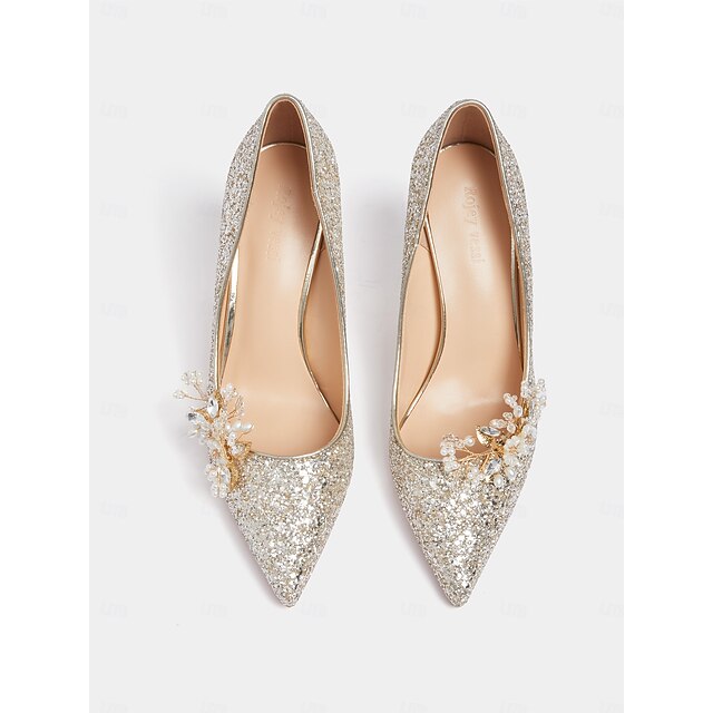 Embellished Bows and Pearl Straps Pointed Heels - Silver main image 1