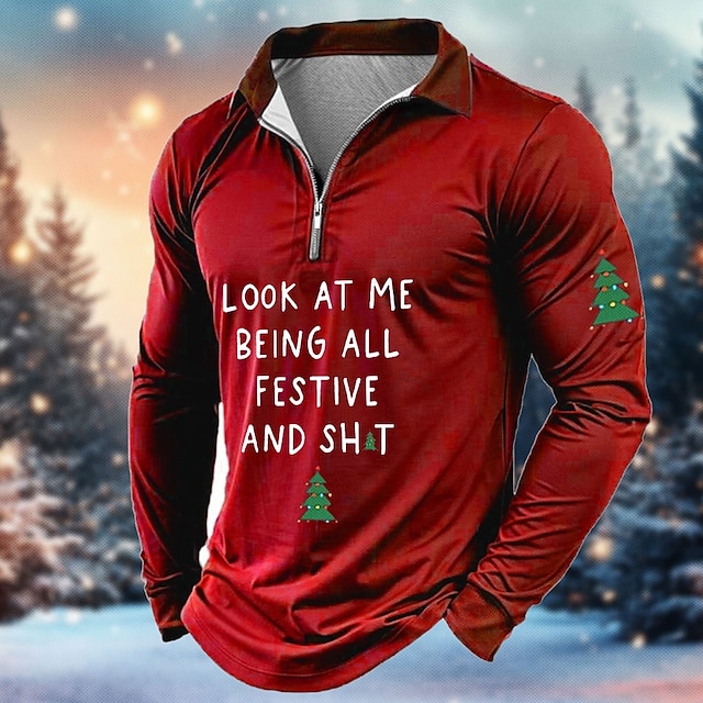  Jul Herr Julgran Zip Polo Långärmad Polotröjor Krage Semester Festkvällskläder Nyårsskjortor 3D-utskrift Vår Höst vinter Svart Rubinrött Blå