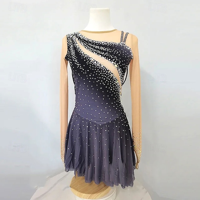  Rochie de Patinaj Artistic Pentru femei Fete Πατινάζ στο πάγο Rochii Gri Închis Peteci Plasă Înaltă Elasticitate Antrenament Competiție Ținută Patinaj Clasic Cristale / Strasuri Manșon Lung Patinaj