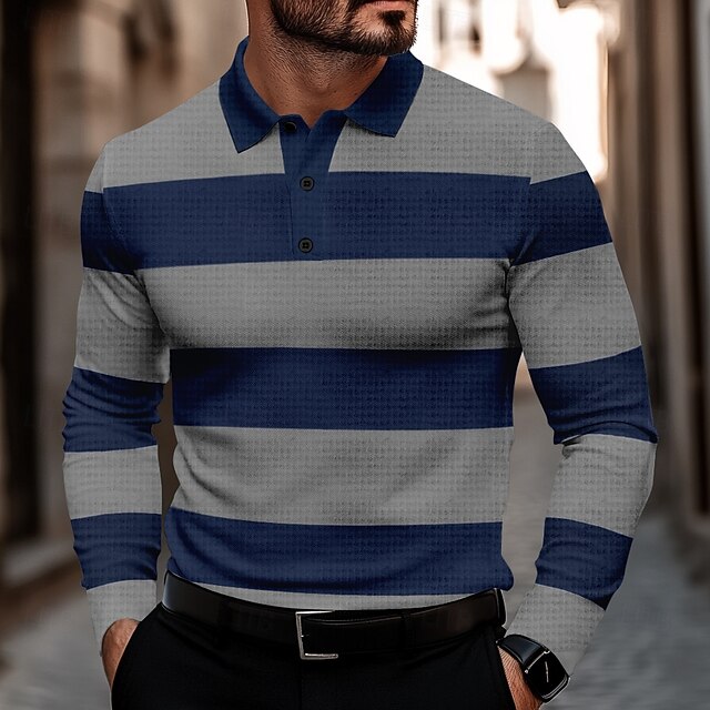 Men's Striped Waffle Polo Shirts Golf Shirt Long Sleeve Polo Shirts
