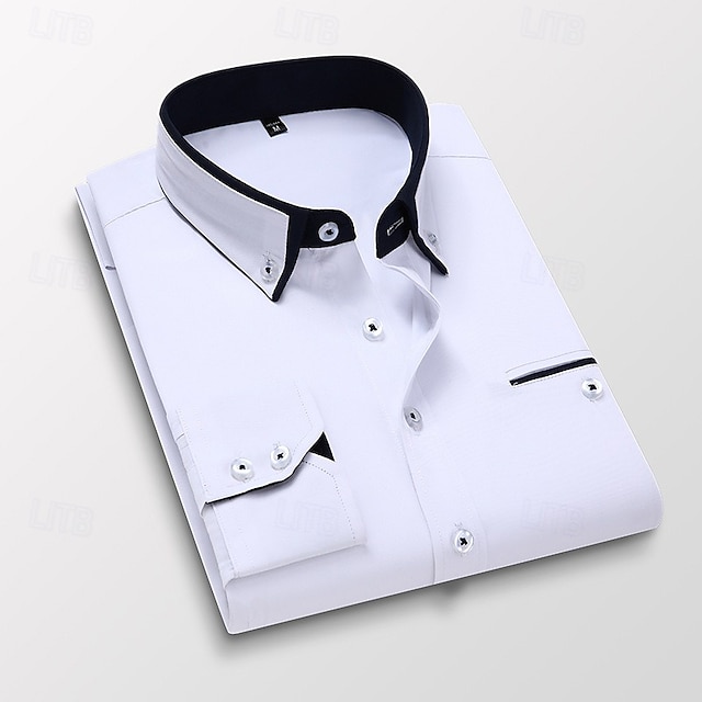  Męskie Koszule eleganckie Koszula zapinana na guziki Koszula z kołnierzykiem Nieżelazna koszula Równina Ślub Praca Biały Rumiany róż Granatowy Królewski błękit Długi rękaw Kołnierz Na każdy sezon