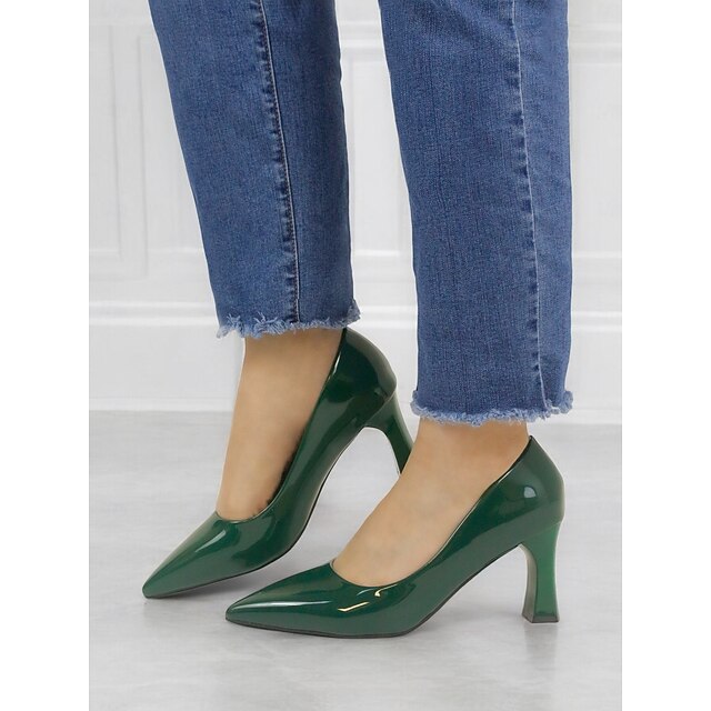  Zapatos de tacón de bloque con punta puntiaguda de charol sintético verde brillante: elegantes zapatos formales para mujer