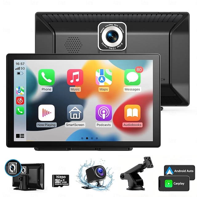  Écran tactile de 9 pouces pour Apple CarPlay Android Auto Mirror Link Bluetooth Récepteurs radio stéréo de voiture portables Navigation GPS avec caméra de tableau de bord 4K 1080p Caméra de recul