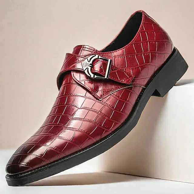 Men's Red Crocodile-Pattern Faux Leather Monk Strap Shoes – Sleek Formal Design with Metal Buckle for Weddings,Christmas and Business Attire 9