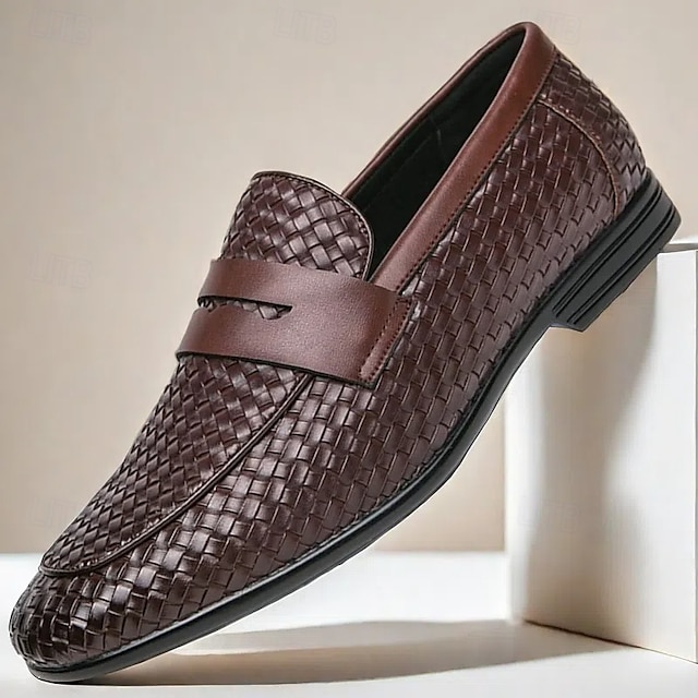  Bruine imitatieleren penny loafers voor heren met geweven bovenkant en rubberen zool - comfortabel en stijlvol voor zakelijke casual of smart casual outfits