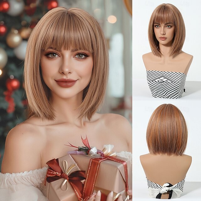  Parrucche sintetiche Uniformi Costumi di carriera Da principessa Liscio Kinky liscia Parte di mezzo Taglio scalato A macchina Parrucca 14 pollici 12 pollici Marrone chiaro Capelli sintetici Per donna