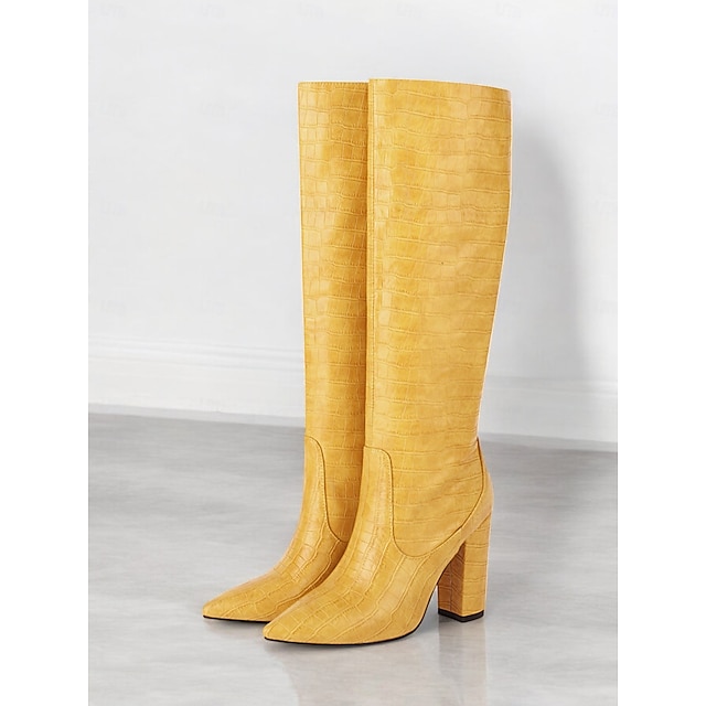  burgunderfarbene kniehohe Stiefel mit Krokoprägung für Damen – stylische Stiefel mit spitzer Spitze und Blockabsatz für die Herbst- und Wintermode