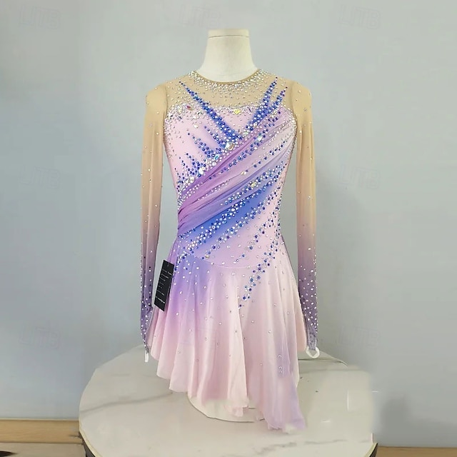  Eiskunstlaufkleid Damen Mädchen Eislaufen Kleid Rosa Asymmetrischer Saum Netzstoff Hohe Elastizität Training Wettbewerb Eiskunstlaufkleidung Klassisch Kristall / Strass Langarm Eislaufen Eiskundstlauf