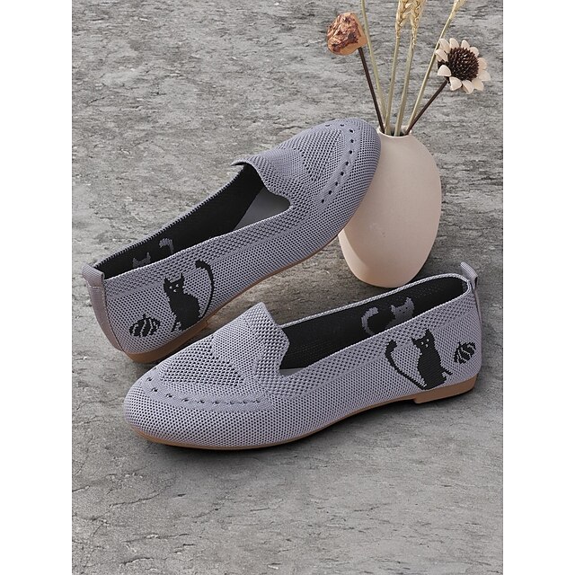  kvinnors avslappnade stickade loafers med svart kattdesign – andningsbara slip-on plattor för vardagskomfort