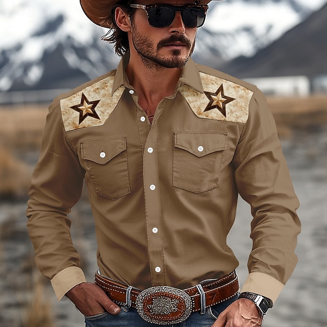  Homme Pentacle Chemise Western Chemise de cow-boy manche longue Western Sport Printemps Automne Col Rabattu Patchwork Blanche Marron Vert