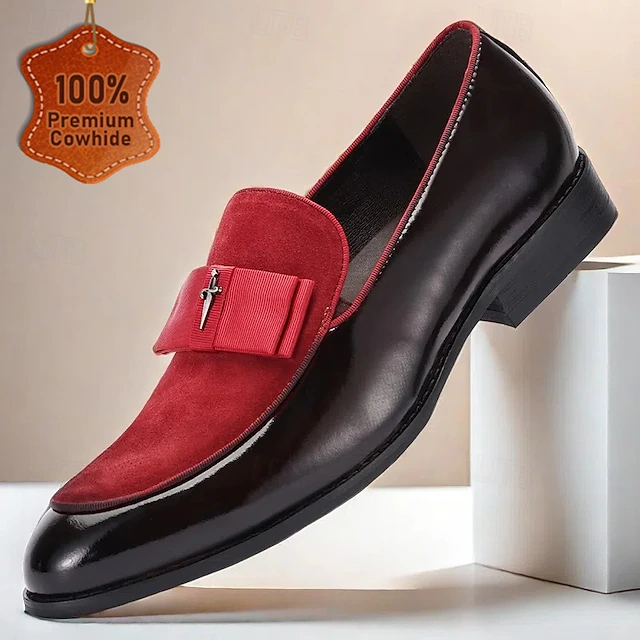 Men's Premium Cowhide Loafers with Red Suede Accent and Bow Detail – Luxury Formal Slip-On Dress Shoes 9