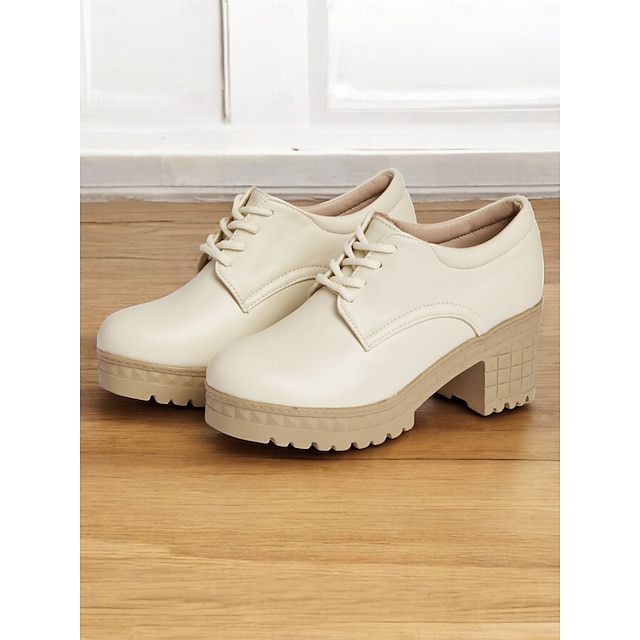  Women's Ivory Lace-Up Platform Oxford Shoes – Chunky Heels with Textured Soles for Casual and Office Wear