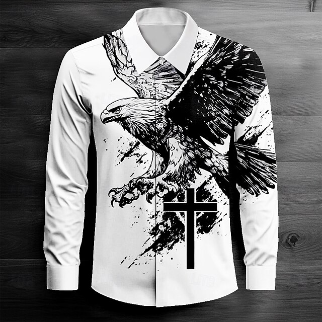 Men's Eagle Cross Button Up Shirt Long Sleeve Fashion Casual Outdoor Street Daily Fall Winter Spring & Summer Shirt Collar Button Up 3D Print White4