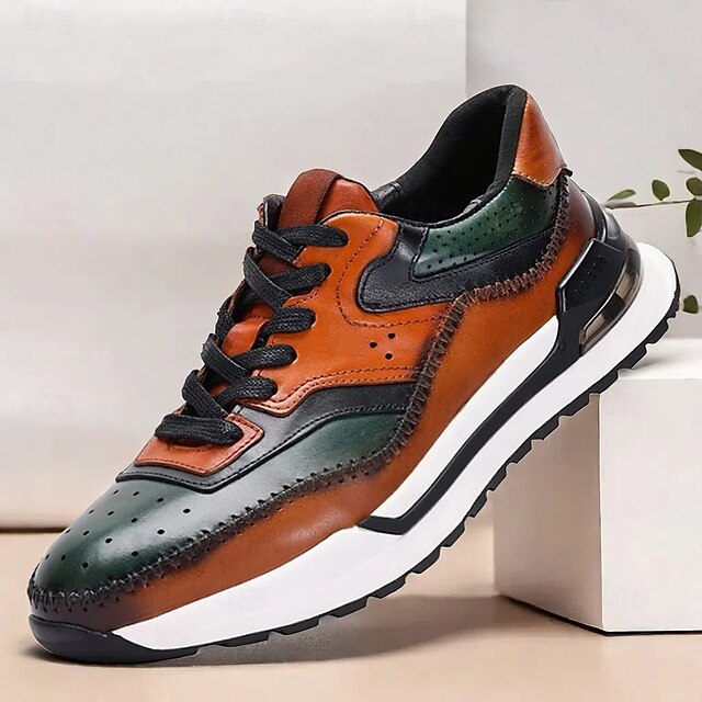  sneakers da uomo in pelle di vacchetta di alta qualità – scarpe casual vintage con lacci e design a blocchi di colore per tutti i giorni e per la moda