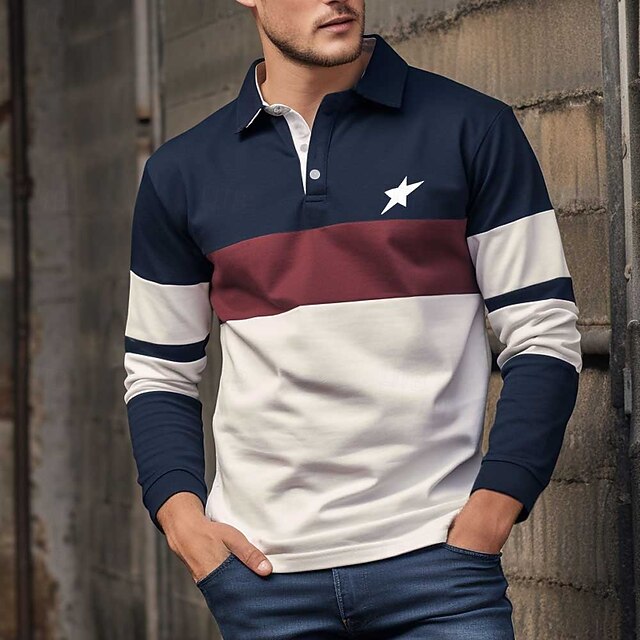 Men's Stripe Rugby Polo Shirts Long Sleeve Polo Shirts Collared Shirts Business Casual Outdoor Office Dailywear Buttons 3D Print Spring Fall Winter Ink Blue4