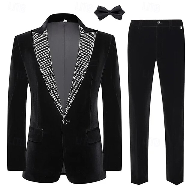  Costumes de soirée en velours pour hommes noir mode de Noël patchwork coupe standard 2 pièces à simple boutonnage
