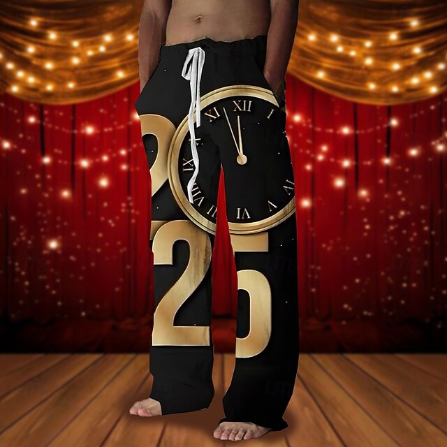 New Year Men's Happy New Year Pants Trousers Mid Waist Drawstring Elastic Waist Hawaiian Casual Outdoor Party Evening Wear Holiday Straight Leg Trousers Summer Spring Fall 3D Print Black4