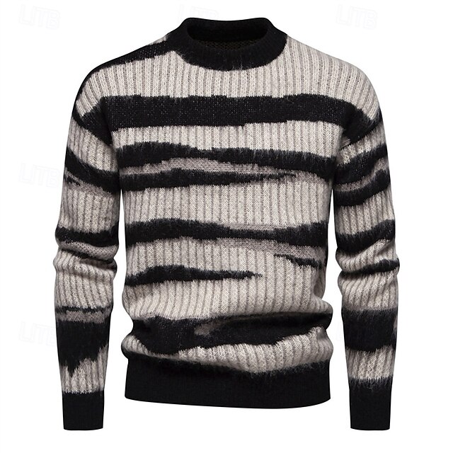  Men's Pullover Sweater Jumper Knit Sweater Ribbed Knit Regular Knitted Stripe Crew Neck Fashion Basic Daily Wear Date Clothing Apparel Fall & Winter Black M L XL