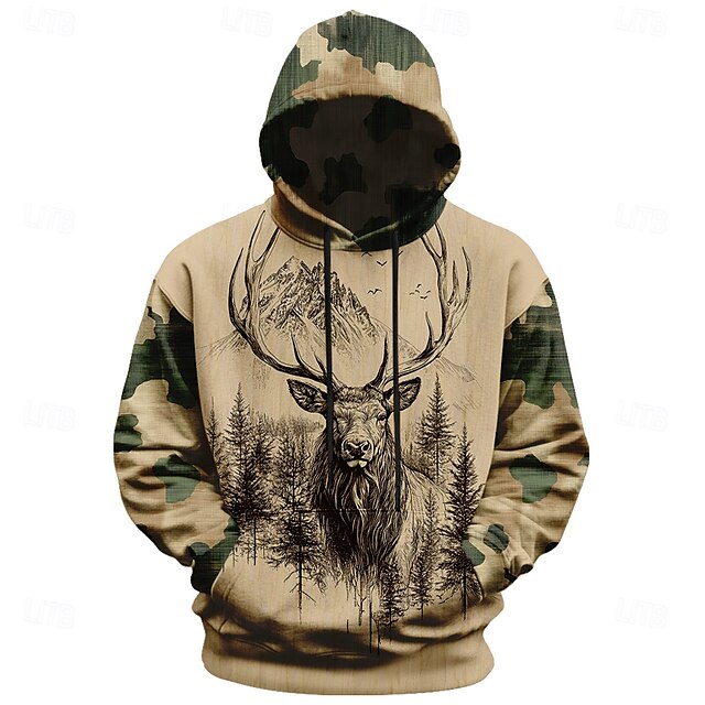  Homens Veado Moletons Casacos Moletom com capuz Gola Redonda Moda Impressão 3D Feriado Para Noite Streetwear cáqui Com Cordão Outono Inverno Designer
