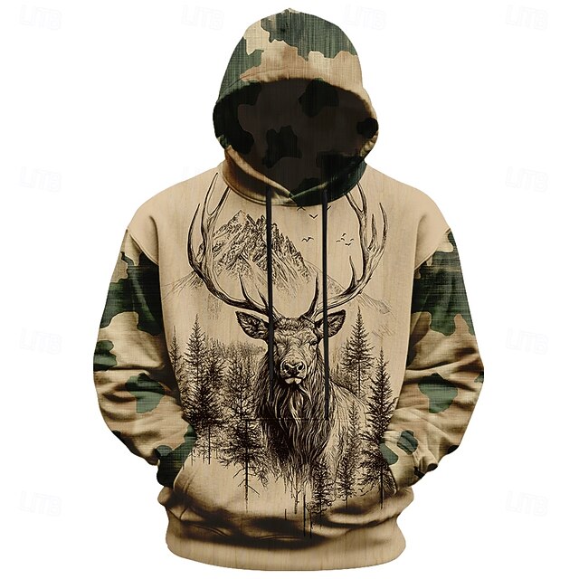 Men's Deer Hoodies Fashion Daily Long Sleeve Crew Neck Holiday Going out Streetwear Khaki Drawstring Fall Winter Designer4