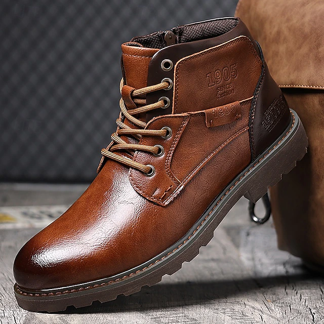 Men's Vintage Brown Faux Leather Ankle Boots – Classic Lace-Up Design with Rugged Sole for Work & Casual Wear 40