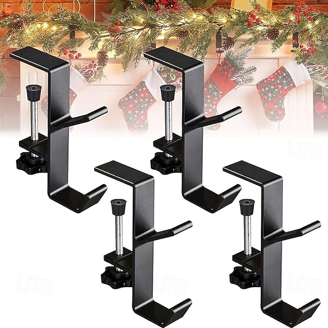  4 Packs 2 in 1 Mantel Hanger for Garland Adjustable Stocking Hangers for Mantel Weighted Fireplace Garland Hangers Heavy Duty for Door Frame Two Hooks Dual Purpose and Padded Contact Points(4pcs)