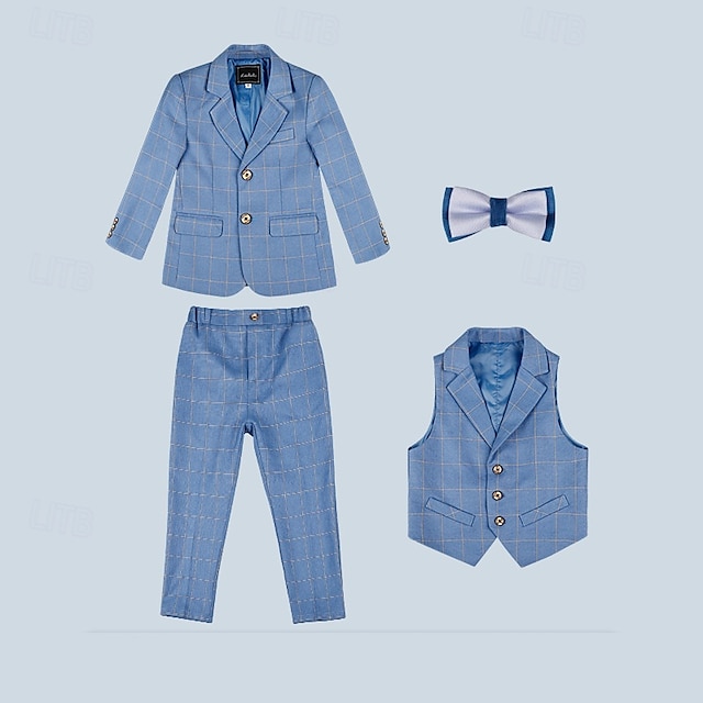  3/4/5 pezzi Completo da paggetto Da ragazzo Bambino Tuta Abito formale Blazer, gilet e pantaloni Formale Feste San Valentino Di tendenza Fantastico A quadri Tasche Blu Poliestere