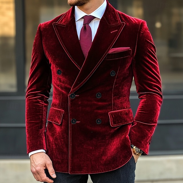  Herren Blazerjacke Verschlusskragen Weihnachten Vintage Samt Einfarbig Blazer Rote Purpur Standard Passform Doppelreihig Sechs-Knöpfe