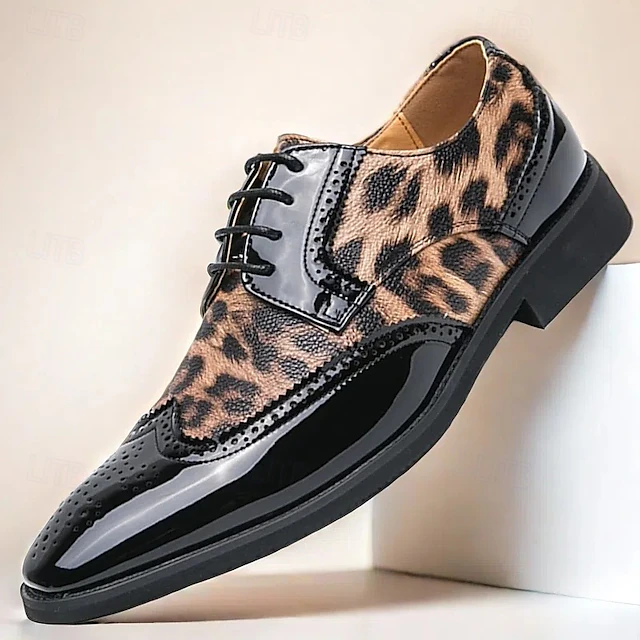 Men's Leopard Print Oxford Shoes - Patent Faux Leather Accents with Brogue Detailing for Formal and Party Occasions 30