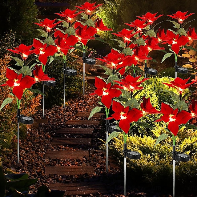  2 stk jule solenergi julestjerne stakes lys, sol rødt blomsterlys hage utendørs vanntett landskapslampe vanntett julefest hjem hage park sti dekorasjon