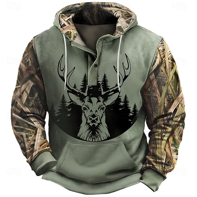  Hombre bosque Venados Sudadera vaquero Casual Manga Larga Con Capucha Deporte Ropa de calle Marrón Claro Marrón Bolsillo Impresión 3D Otoño Invierno Diseñador