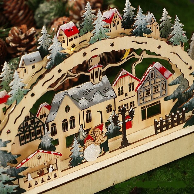 Wooden Christmas Village Decoration LED Creative Holiday Display Piece