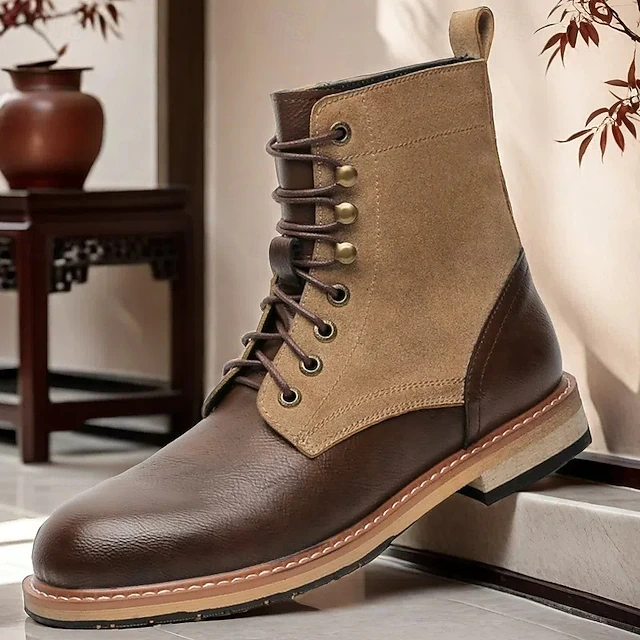 Men's Two-Tone Lace-Up Ankle Boots | Faux Leather and Suede Design for Casual and Outdoor Wear 30