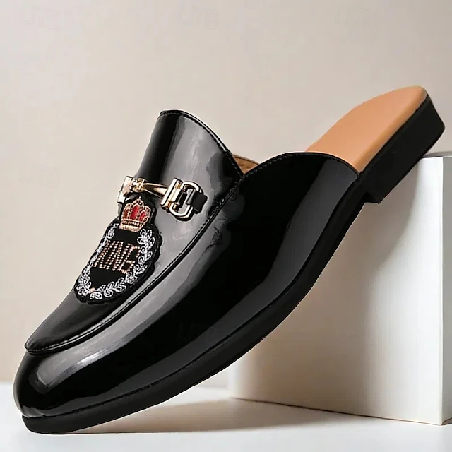 Men's Embroidered Patent Leather Loafers, Slip-On Backless Mules with Crown Emblem and Metal Buckle Detail, Perfect for Elegant and Casual Occasions 14