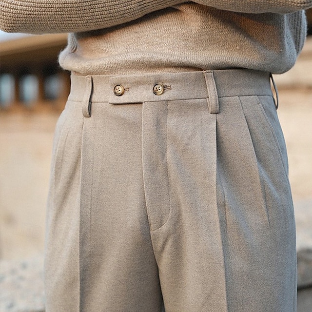  Men's Dress Pants Woolen Pants Trousers Pleated Pants Suit Pants Pocket Plain Comfort Soft Full Length Party Business Daily Elegant Fashion Dark Gray Beige