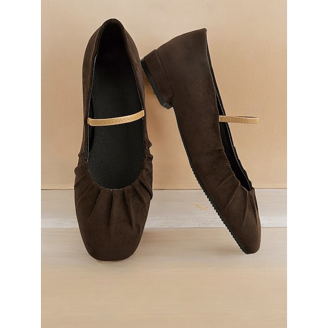  Women's Retro Brown Suede Flats – Elastic Strap Ballet Shoes with Pleated Detailing, Perfect for Casual Outings and Vintage-Inspired Fashion