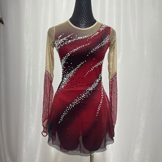  Figure skating costumes for adults and children customized red spandex mesh grading performance costumes competition training rhinestone women's skirts performance costumes
