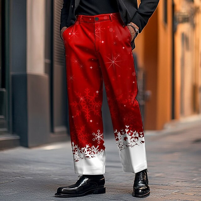 Christmas Men's Snowflake Dress Pants Mid Waist Fashion Casual Outdoor Home Dailywear Zipper Pocket Straight Leg Trousers Summer Spring Fall 3D Print Red4