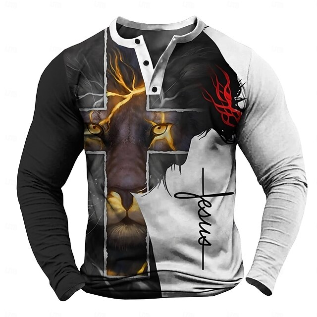 Men's Wolf Cross Long Sleeve Print Daily Daily Spring &  Fall Black Henley T-Shirt4