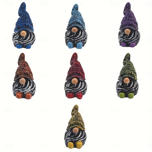  7 stk mini-nissestatuesett – sjarmerende hagefigurer i harpiks for fehager, plantekasser og hjemmeinnredning – perfekt for utendørs halloween og rustikke temaer