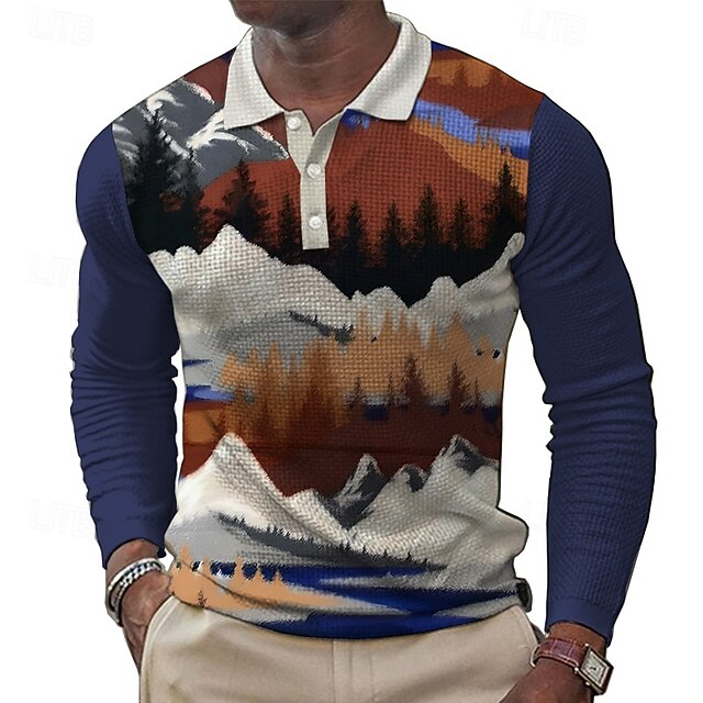 Men's Scenery Waffle Polo Shirts Golf Shirt Long Sleeve Polo Shirts Collared Shirts Vintage Casual Outdoor Home Dailywear Buttons 3D Print Spring Fall Winter Blue4