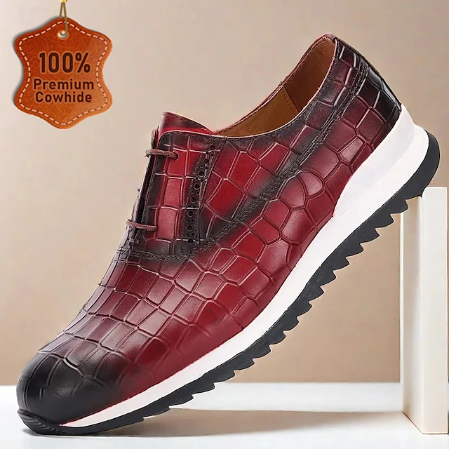 Men's Red Crocodile Pattern Leather Oxford Shoes – Premium Cowhide with Lace-Up Design and Modern Sole 9