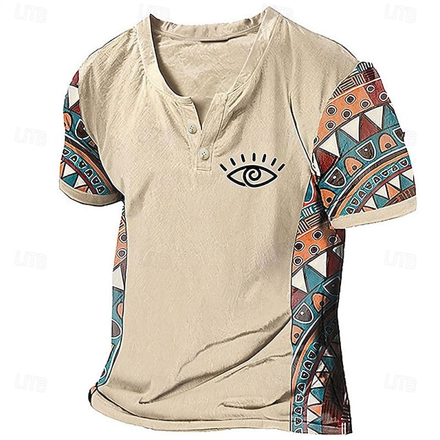  Herr Grafisk Färgblock Stam T-shirt Henleytröja Kortärmad 3d-utskrivning Designer Etnisk Klassisk Utomhus Semester Dagligen Vår & sommar Mörkbrun Blå Himmelsblå Brun Grön V-hals Henley T-shirt
