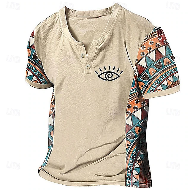 Men's Graphic Color Block Tribal T Shirt Henley Shirt Short Sleeve 3D Printing Designer Ethnic Classic Outdoor Vacation Daily Spring & Summer Dark Brown Blue Sky Blue Brown Green V Neck Henley T-Shirt 10