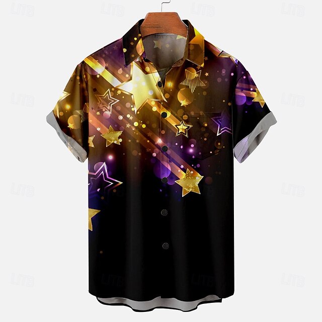 Men's Pentagram Summer Hawaiian Shirt Bowling Shirt Button Up Shirt Short Sleeve Hawaiian Casual Vacation New Year Daily Summer Turndown Button Up 3D Print Gold4