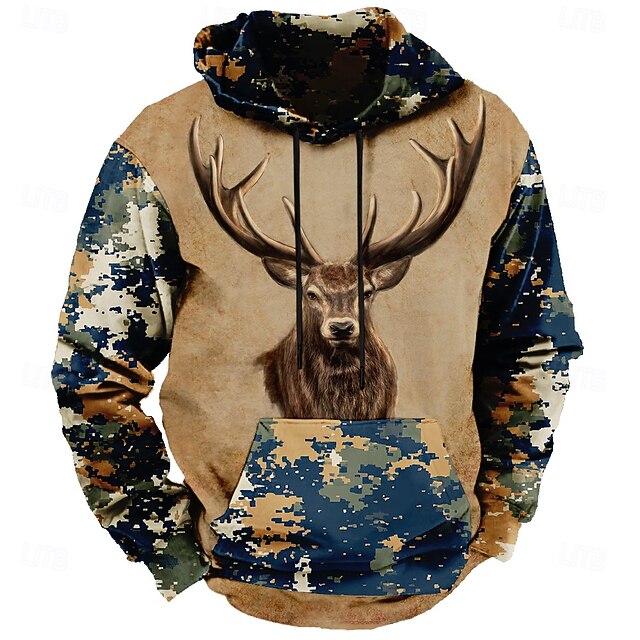 Men's Deer Hoodies Fashion Daily Long Sleeve Crew Neck Holiday Going out Streetwear Brown Drawstring Fall Winter Designer4